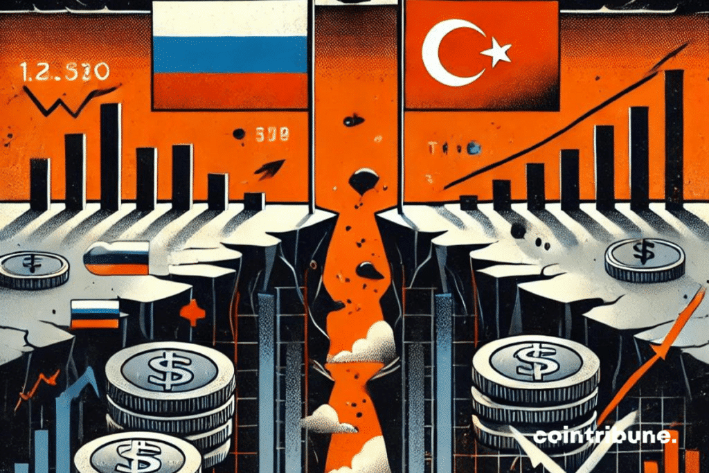 Une situation tendue entre la Russie et la Turquie : deux silhouettes de bâtiments emblématiques de Moscou et d'Istanbul, séparées par un large gouffre symbolisant une rupture économique au niveau des BRICS.