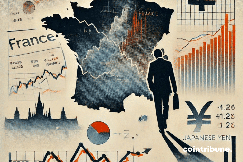 Une carte de la France en arrière-plan, avec des documents financiers éparpillés, affichant des graphiques de baisse et des symboles d'obligations françaises ainsi que des yens japonais. À l'horizon, des silhouettes floues d'investisseurs. tournant le dos à la France, symbolisant la vente massive et le désengagement.