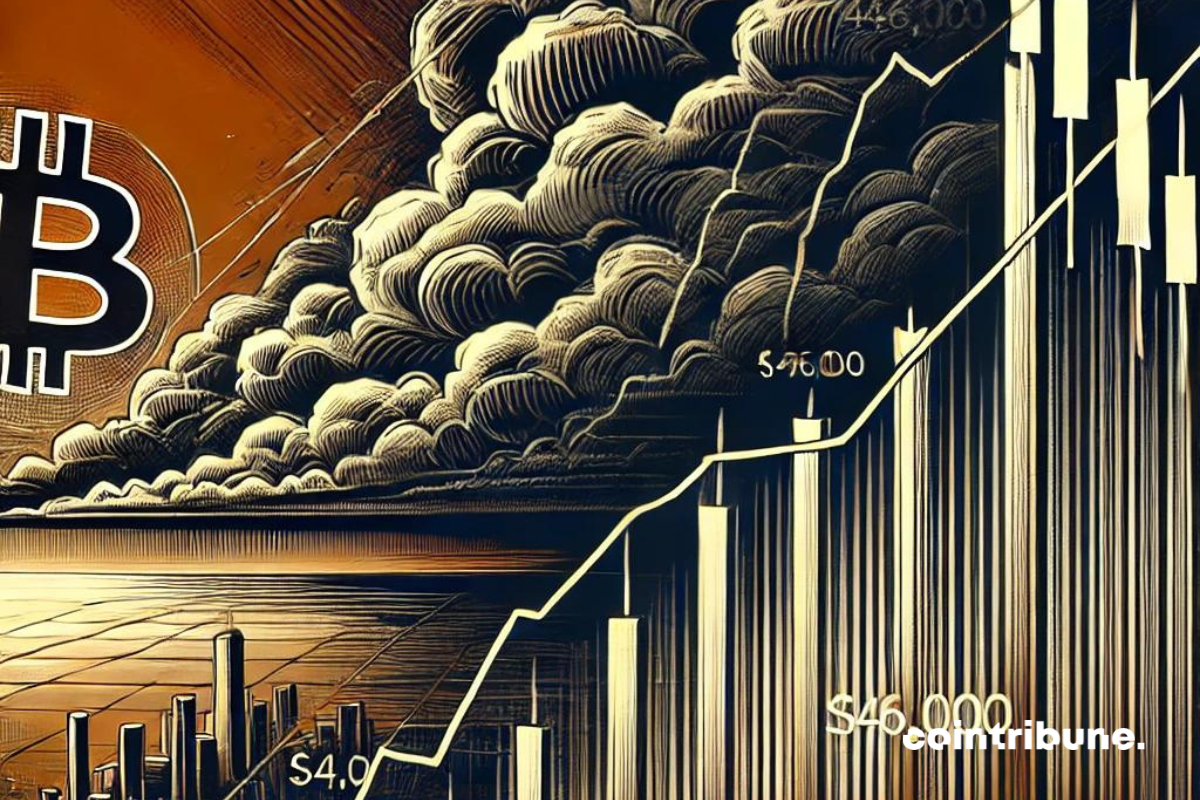 Un graphique du prix du Bitcoin oscillant près de la ligne de support à 46 000 $, entouré d'une ambiance sombre et incertaine. L'arrière-plan évoque une tempête à venir, symbolisant la tension sur le marché.