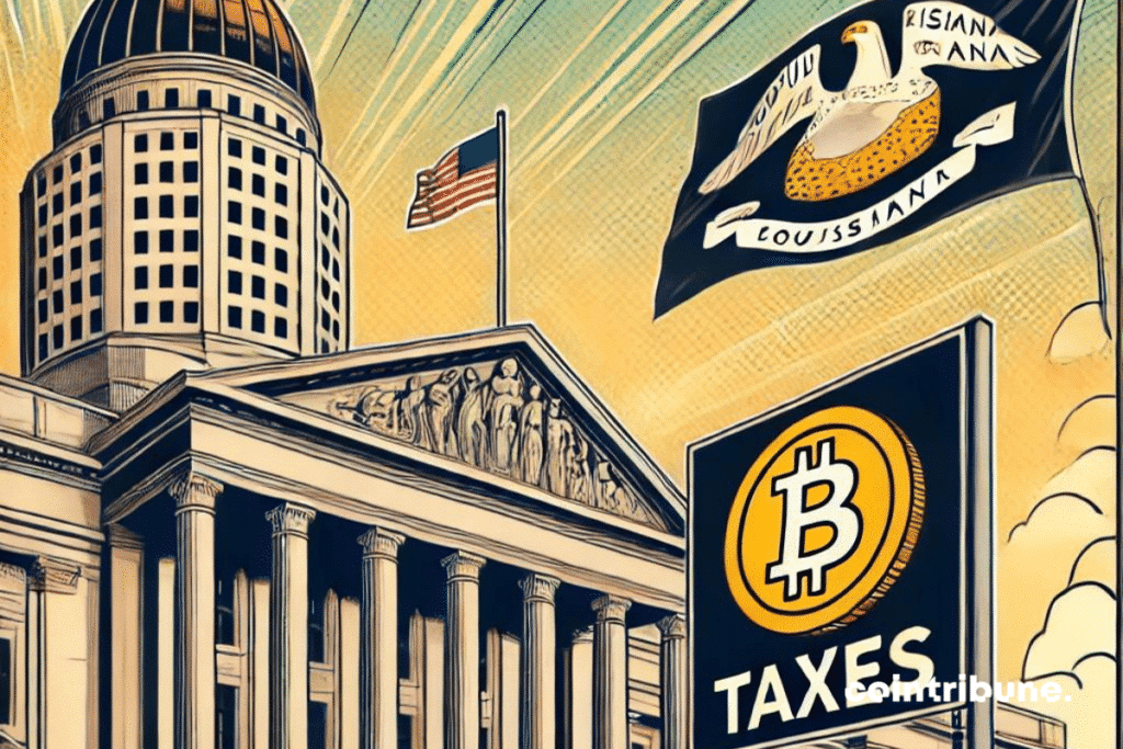 Un bâtiment gouvernemental de style classique en Louisiane, avec une enseigne indiquant 'Taxes' en avant-plan, avec le drapeau de la Louisiane. Subtilement, un logo de Bitcoin (BTC) doré est visible à côté du panneau, symbolisant l'intégration des cryptos dans les services publics.