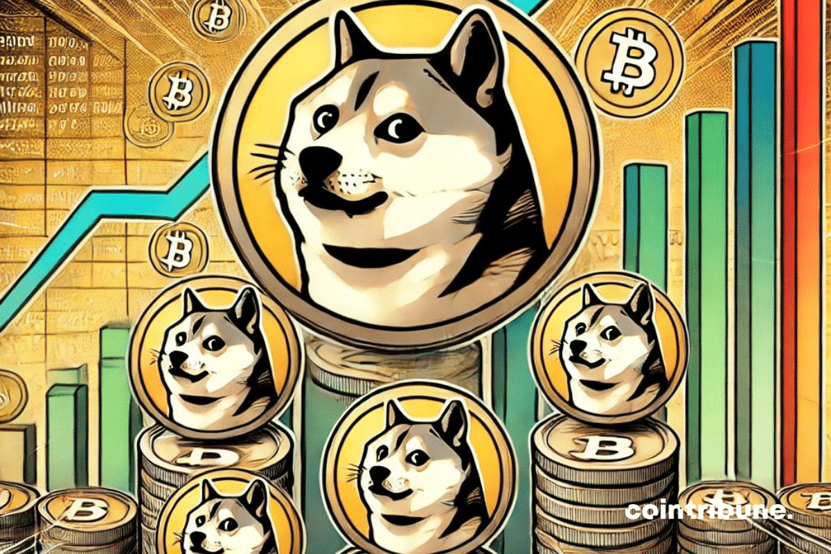 Représentation graphique du DOGE en pleine croissance avec plusieurs logos du Dogecoin, avec des courbes de transactions ascendantes, symbolisant une soudaine augmentation d'activité de la crypto. En arrière-plan, une légère tension se dégage, illustrée par des obstacles stylisés sous forme de barrières à franchir. Le logo de Dogecoin, discret mais visible, émerge d'un océan de données.