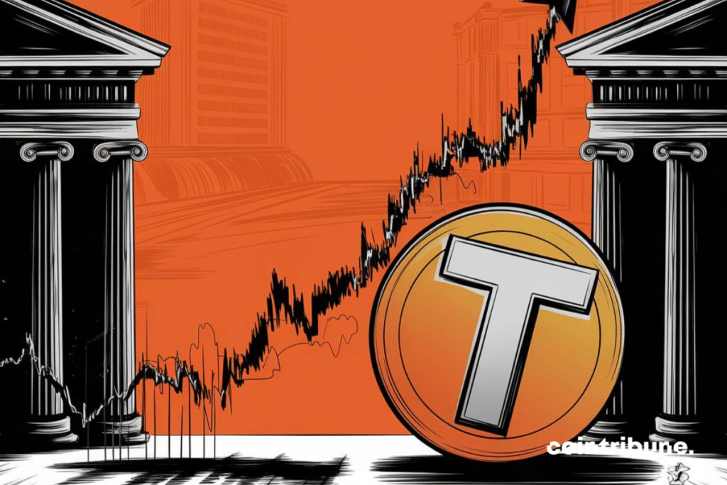 Un duel silencieux entre deux géants de la finance : le logo de Tether en couleur, moderne et dynamique, est placé à droite, tandis que le logo de BlackRock, imposant et classique, est à gauche. Entre eux, un graphique financier ascendant reliant les deux mondes, symbolisant la montée en puissance de Tether et de la crypto face à la finance traditionnelle incarnée par BlackRock.