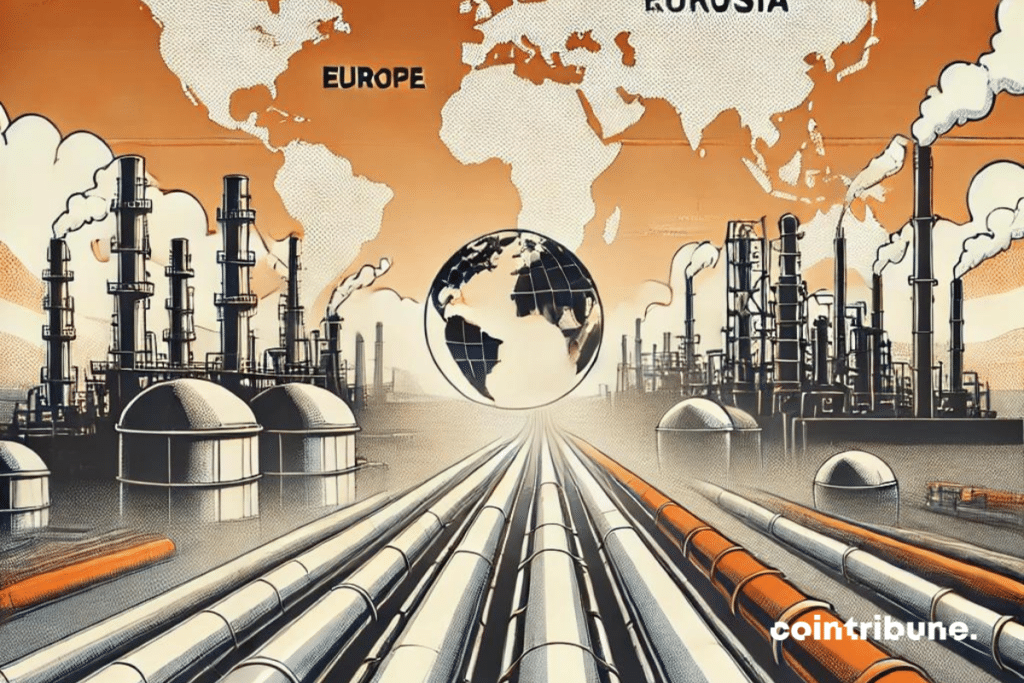 Un paysage industriel avec des raffineries de pétrole en arrière-plan, symbolisant des échanges énergétiques dissimulés. À l'avant-plan, des pipelines qui s'étendent vers l'horizon, représentant des routes commerciales cachées et complexes. Une légère brume autour des pipelines suggère un flux discret, tandis qu'une carte du monde en filigrane montre l'Europe, la Russie et les pays BRICS en surbrillance, illustrant subtilement le réseau global d'exportation de pétrole.