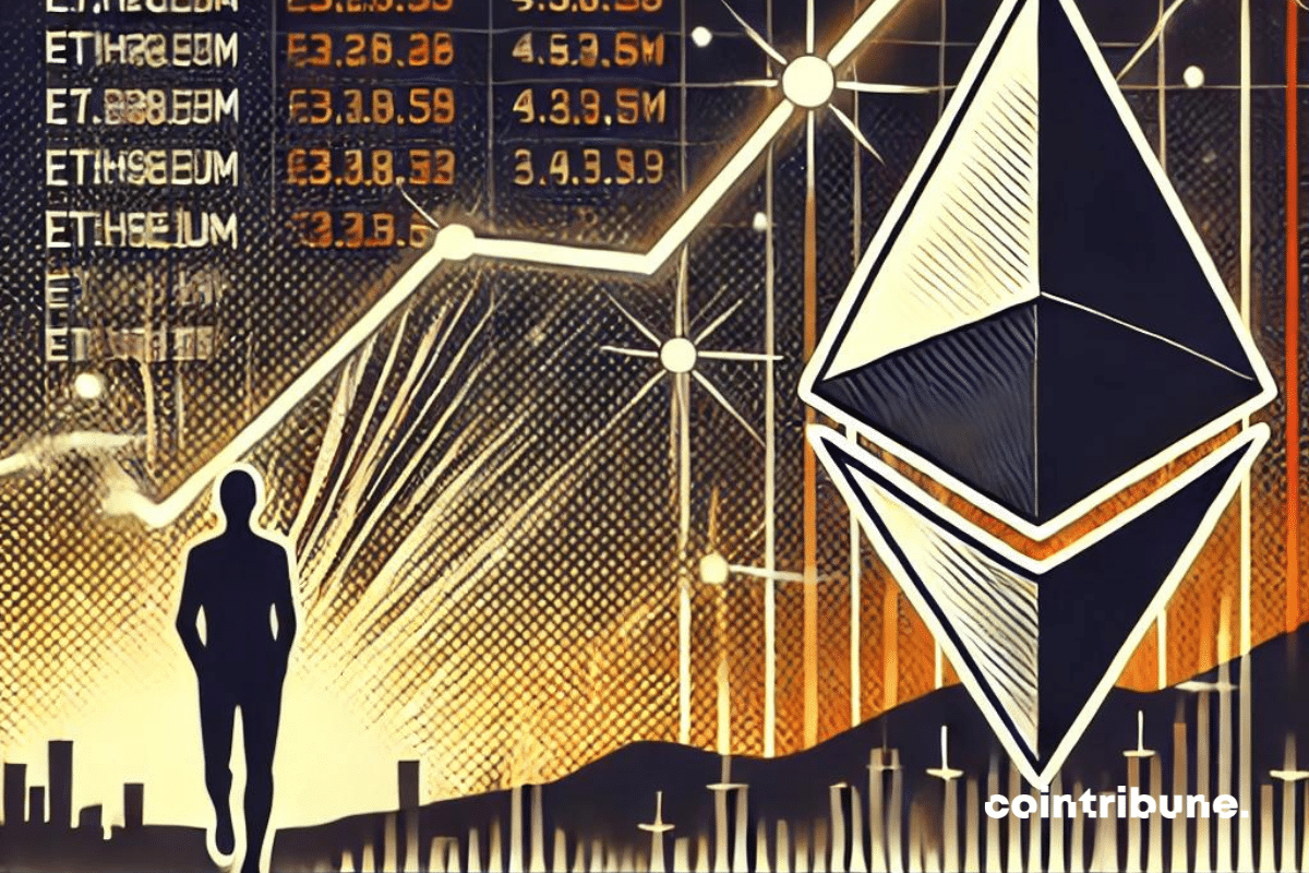 Un graphique numérique dans l'univers crypto avec en arrière-plan représentant la hausse abrupte des frais de transaction sur Ethereum, avec des lignes qui montent en flèche, contrastant avec une silhouette floue en retrait symbolisant une chute d’activité ou une désertion.