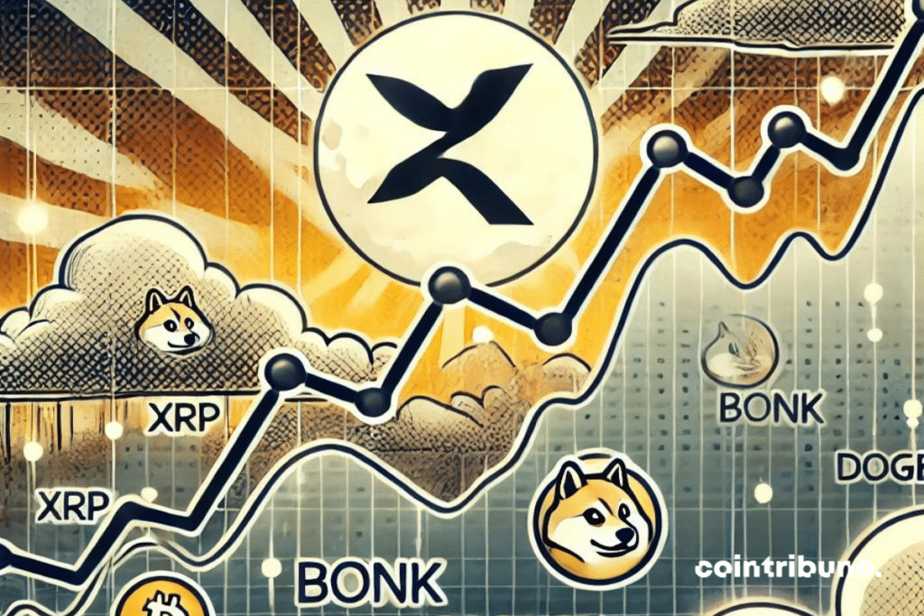 A stylized and clean graph showing three curves representing the evolution of XRP, Bonk and Dogecoin. The XRP curve is rising slightly, while the Bonk and Dogecoin curves are oscillating around critical levels. In the background, an overcast sky symbolizing the uncertainty of the crypto market, with soft light peeking through the clouds, suggesting hope for a rebound. All in sober and professional tones, with a modern and futuristic texture.