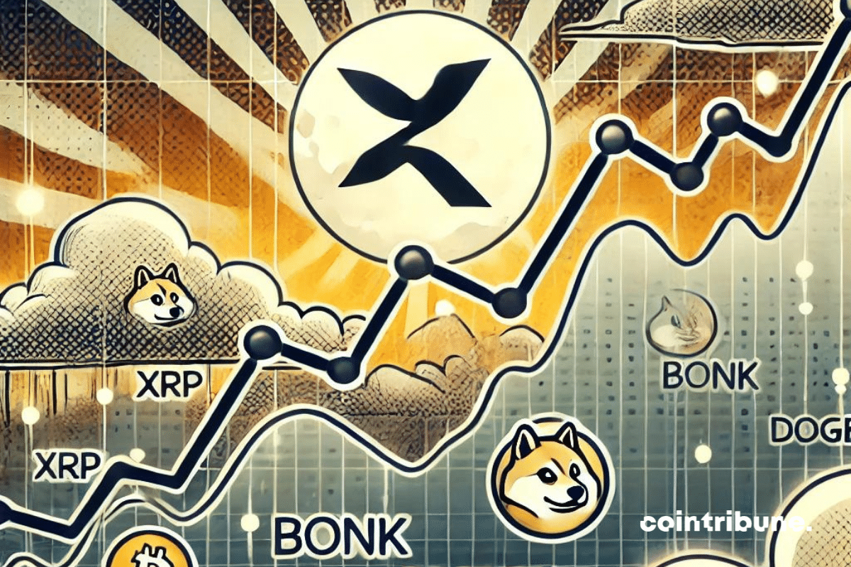 Un graphique stylisé et épuré montrant trois courbes représentant l’évolution du XRP, Bonk, et Dogecoin. La courbe du XRP est en légère ascension, tandis que celles de Bonk et Dogecoin oscillent autour de niveaux critiques. En arrière-plan, un ciel nuageux symbolisant l’incertitude du marché crypto, avec une lumière douce perçant à travers les nuages, suggérant un espoir de rebond. Le tout dans des tons sobres et professionnels, avec une texture moderne et futuriste.