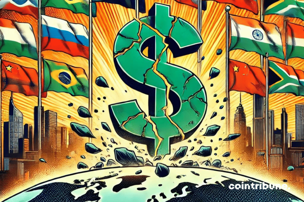 Un paysage financier mondial où un énorme billet vert se fissure au centre, symbolisant la fragilisation du dollar. En arrière-plan, les drapeaux des pays des BRICS entourent cette scène, avec des symboles de devises nationales remplaçant progressivement le dollar dans des échanges commerciaux stylisés. L'atmosphère est sérieuse, suggérant une transition économique majeure, avec un éclairage contrasté qui met en avant la fracture du dollar .