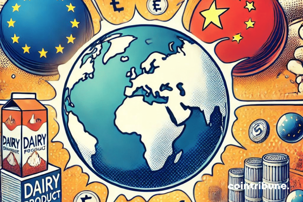 A stylized globe prominently depicting Europe and China, with symbolic lines of tension for the economy running between them. On the EU side, stylized dairy cartons float in the background, while on the Chinese side, trade barriers and economic symbols (such as coins or graphs) are depicted. The painting is designed with soft but contrasting colors, reflecting a hidden but not explosive conflict.