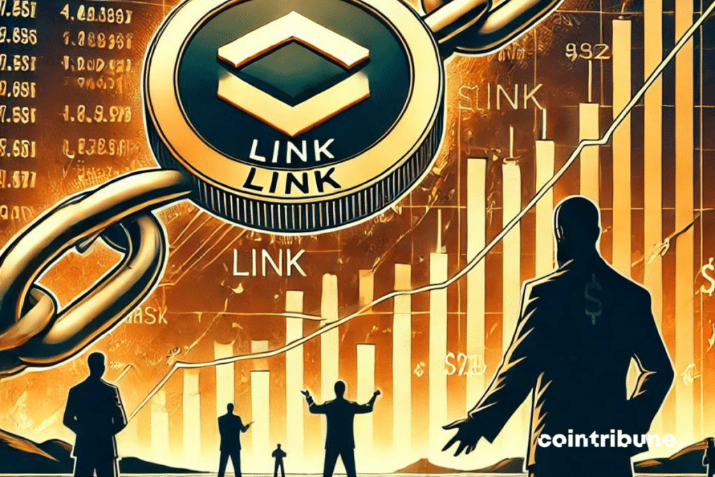 Chainlink (LINK) crypt floating in the middle of a sea of ​​financial numbers and charts symbolizing a dramatic rise. In the background are the shadows of large figures representing investment 