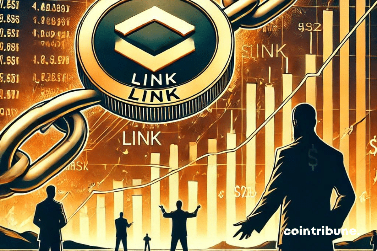 Un crypto Chainlink (LINK) flottant au milieu d'une mer de chiffres et de graphiques financiers, symbolisant une hausse spectaculaire. En arrière-plan, des ombres de grandes figures représentant des 'baleines' de l'investissement, manipulant subtilement les courbes du marché. L’image évoque à la fois la montée en puissance du token et l’influence discrète mais déterminante des grandes entités financières, dans une atmosphère de mystère et de spéculation.