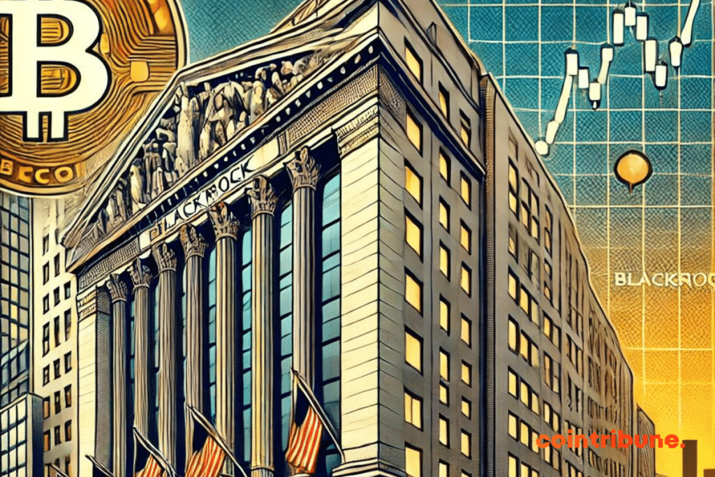 A scene of a large modern financial building that symbolizes the power of BlackRock, with a graph in the background showing the skyrocketing Bitcoin. All imbued with an atmosphere that is both serious and mysterious, with subtle touches of gold and blue that evoke the importance of this $24 billion Bitcoin acquisition. The atmosphere should suggest a major transition in the economy while remaining sober and professional.