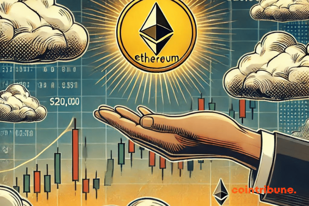 The rise of Ethereum in an uncertain market context. It shows a shiny golden Ethereum crypto coin gently rising into the sky surrounded by dark clouds symbolizing doubt and uncertainty in the market. In the background, stock charts rise and fall to represent volatility, with flashes of optimism around the coin suggesting a possible rise to $20,000.