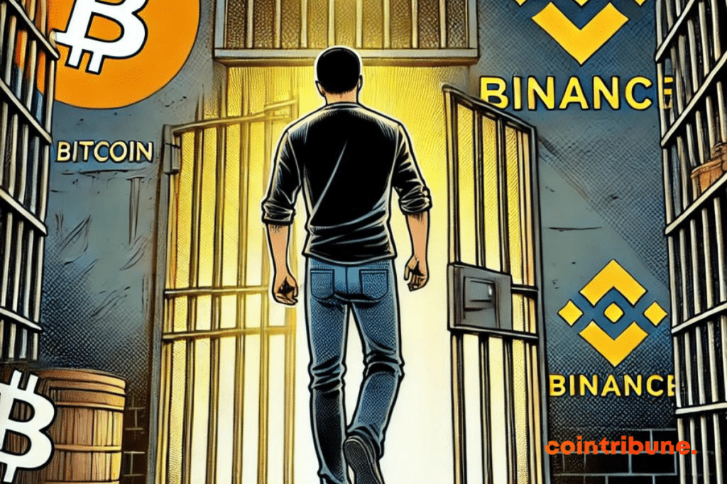 Una escena discreta que muestra un mercado financiero digital de fondo con gráficos de precios de Bitcoin en caída. En el centro, una sombra borrosa que simboliza la silueta de un hombre misterioso del universo Binance, lo que sugiere la idea de un retorno inesperado que influye en los mercados. El ambiente es tenso, con tonos oscuros y contrastantes, reflejando la incertidumbre y volatilidad de Bitcoin.