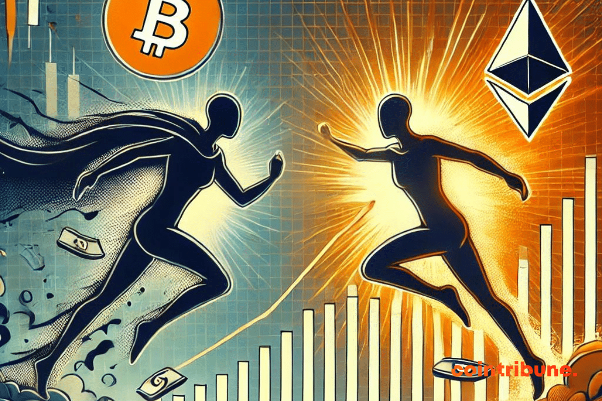 Un duel symbolique entre deux forces financières : une silhouette représentant Bitcoin en train de perdre du terrain, tandis qu'une figure lumineuse symbolisant Ethereum progresse avec confiance. En arrière-plan, des graphiques financiers stylisés et des flux de liquidités, évoquant la compétition croissante entre les deux cryptos dans le monde des investissements.