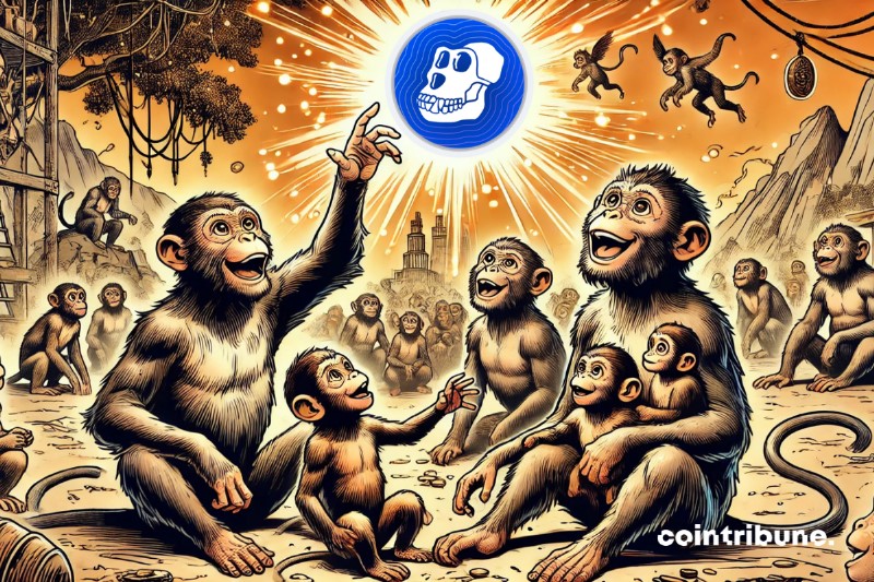 Des singes assis essayant de toucher la crypto ApeCOIN du doigt