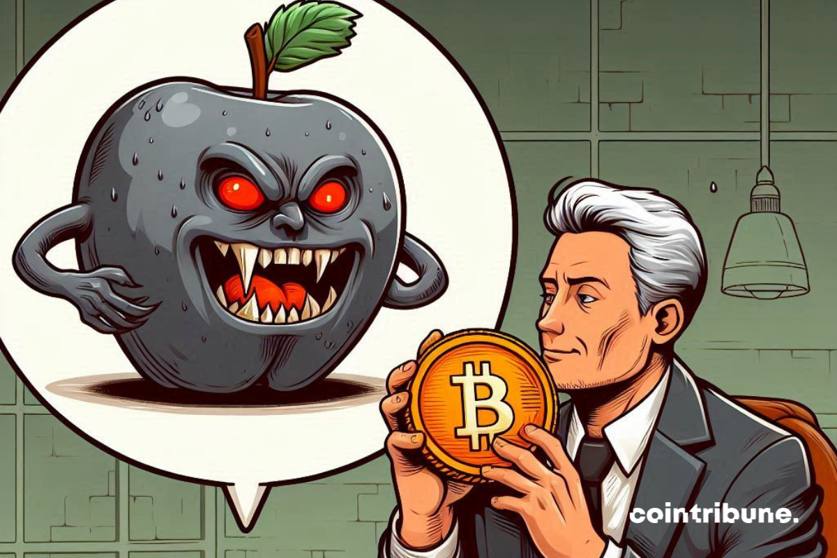 Une pomme vampire voulant croquer une pièce de bitcoin