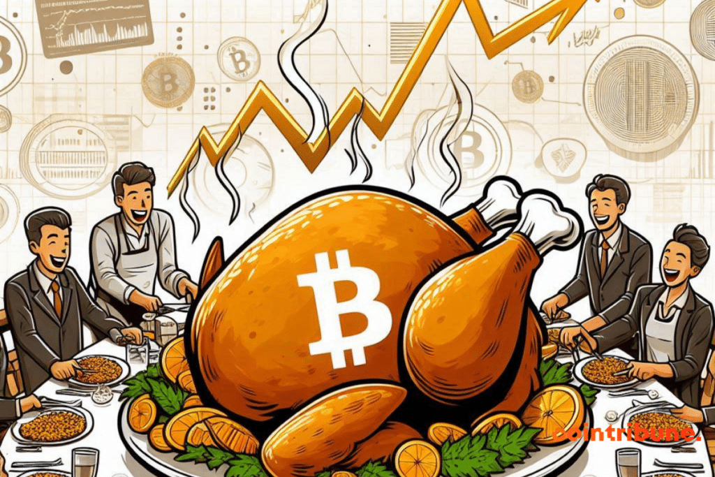 Illustration of a tasty bitcoin on a banquet