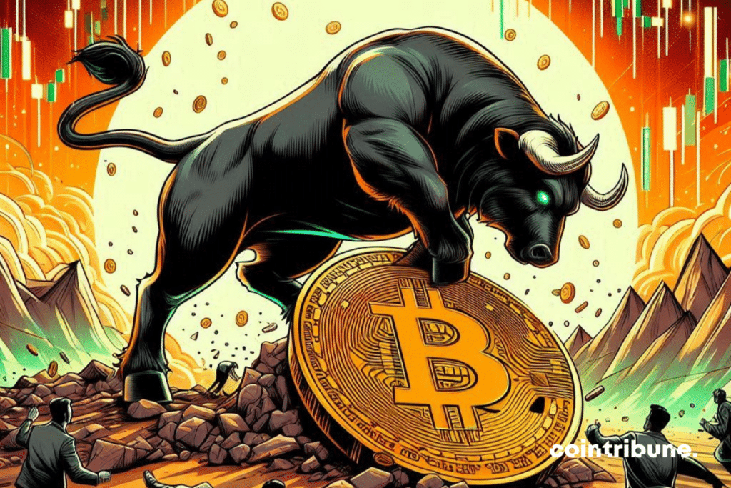 Scène de bull, pièce de bitcoin et de traders apeurés