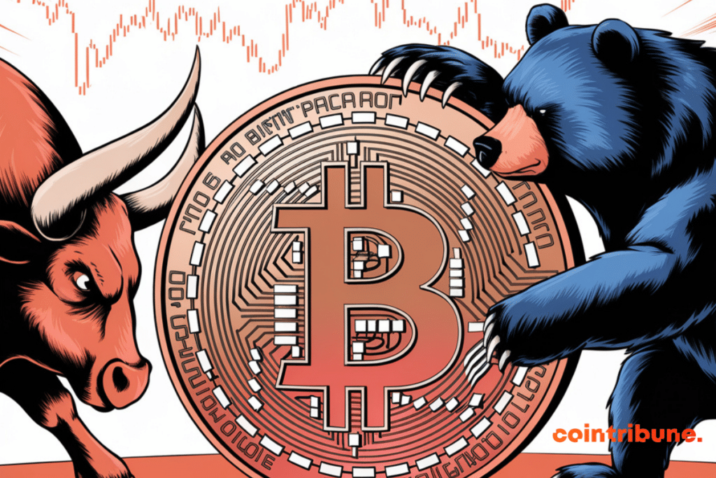 Bear et bull se disputant d'une pièce de bitcoin