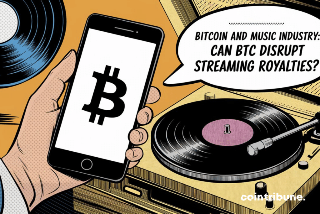 Vinyl with a smartphone and a BTC logo