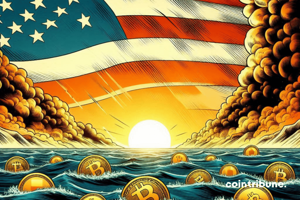 Mer calme et pièces de cryptos ciel au drapeau US