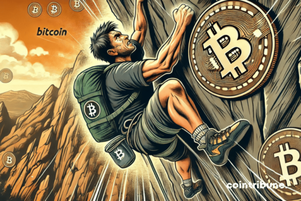 Illustration d'un alpiniste et logo de bitcoin