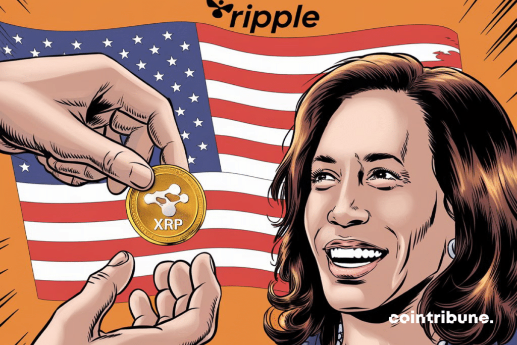 Illustration of Kamala Harris receiving a cryptocurrency donation