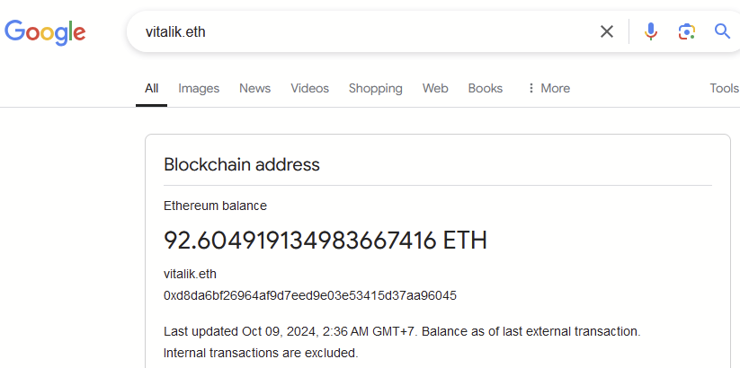 By simply typing an ENS domain name into the Google search bar, crypto users can see the associated ETH balance, making balance checking faster and more accessible.