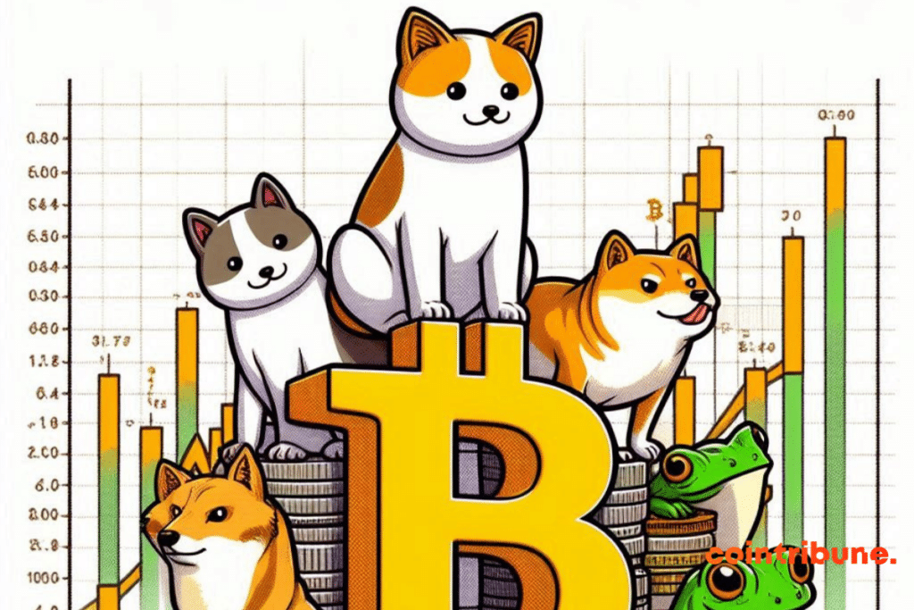 Logo de bitcoin et animaux représentant des memes