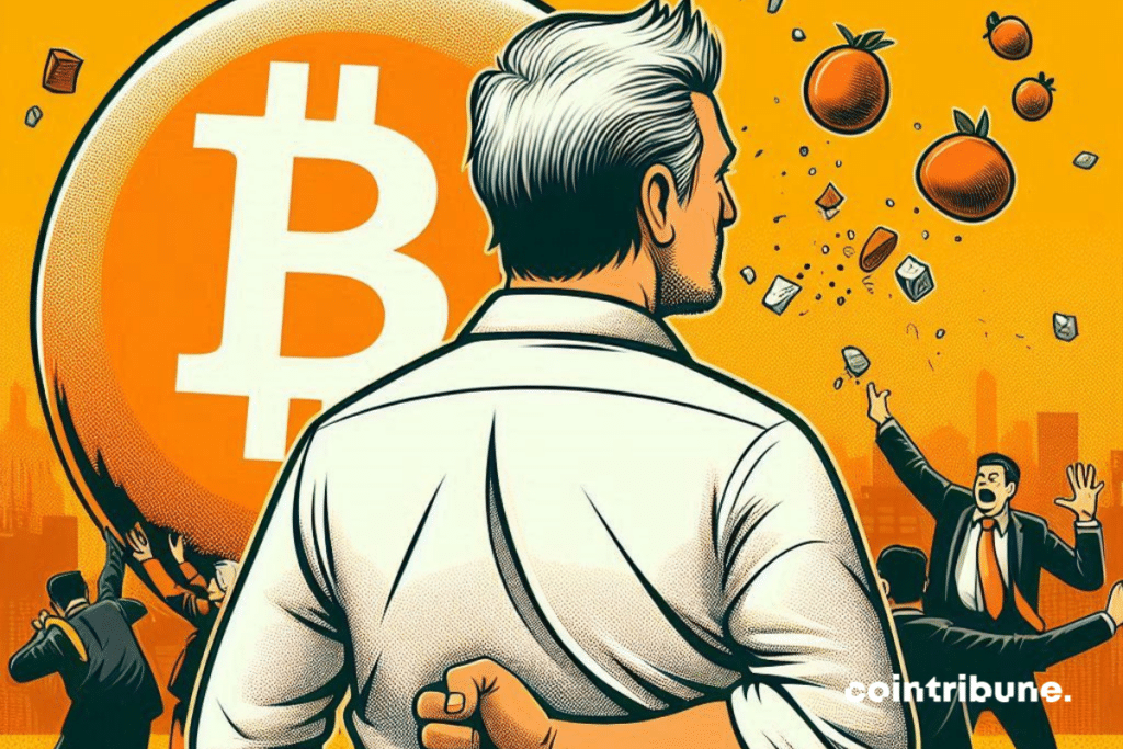 A cartoon of the Bitcoin community raging against Michael Saylor