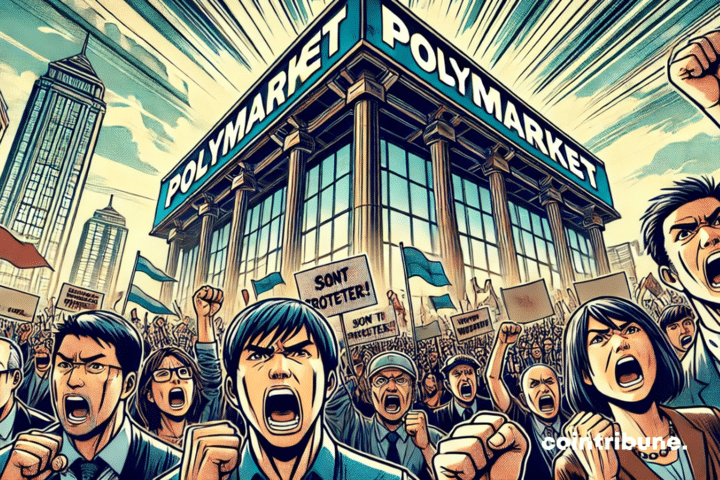 Illustration de parieurs en grogne devant l'immeuble de Polymarket