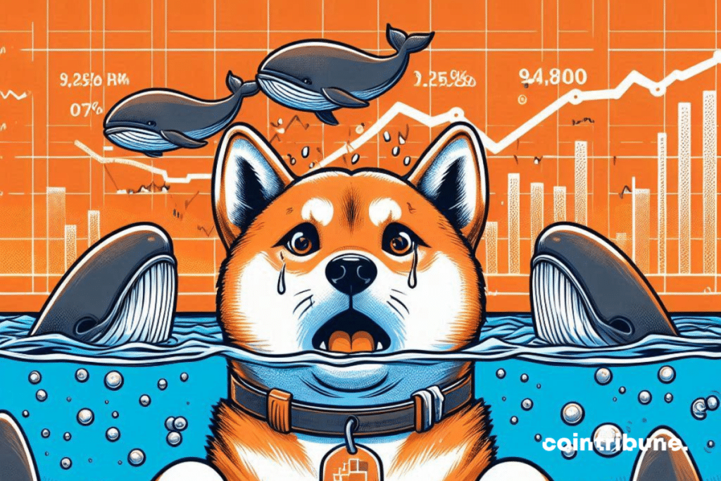 Noyade de Shiba Inu entouré de baleines