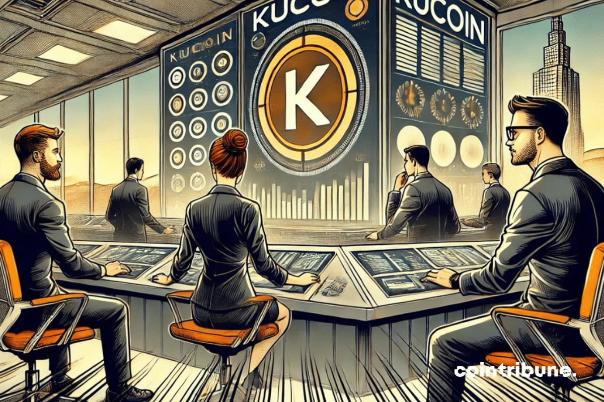 Des personnes en costumes qui analysent les cours du KuCoin Token sur des écrans