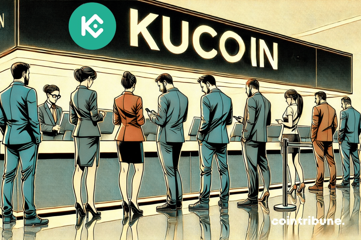 Des personnes en costume devant l'espace d'accueil de l'entreprise KuCoin