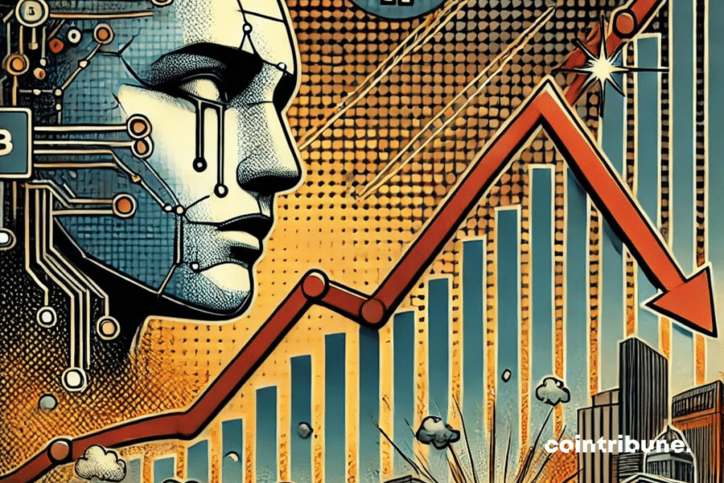 Un graphique montrant une chute dramatique du prix du Bitcoin, avec en arrière-plan des symboles subtils de l'intelligence artificielle (comme des circuits ou des visages robotiques) et des éléments évoquant la récession économique mondiale (flèches en baisse, buildings en déclin). L'ambiance est sombre et inquiétante, avec des couleurs froides et des ombres, créant une atmosphère de crise imminente.