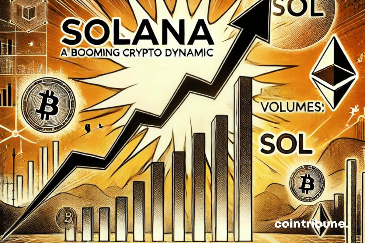 Illustration subtile d'une dynamique crypto en plein essor : un graphique stylisé représentant une hausse marquée, avec des lignes ascendantes en référence à la montée des volumes sur Solana. En arrière-plan, des symboles discrets de DApps et de cryptomonnaies flottent, tandis qu'un éclat lumineux symbolise le potentiel de croissance, donnant une impression d'innovation et de progrès technologique. Le tout dans des tons bleutés et argentés, évoquant la modernité et la rapidité des transactions sur la blockchain.