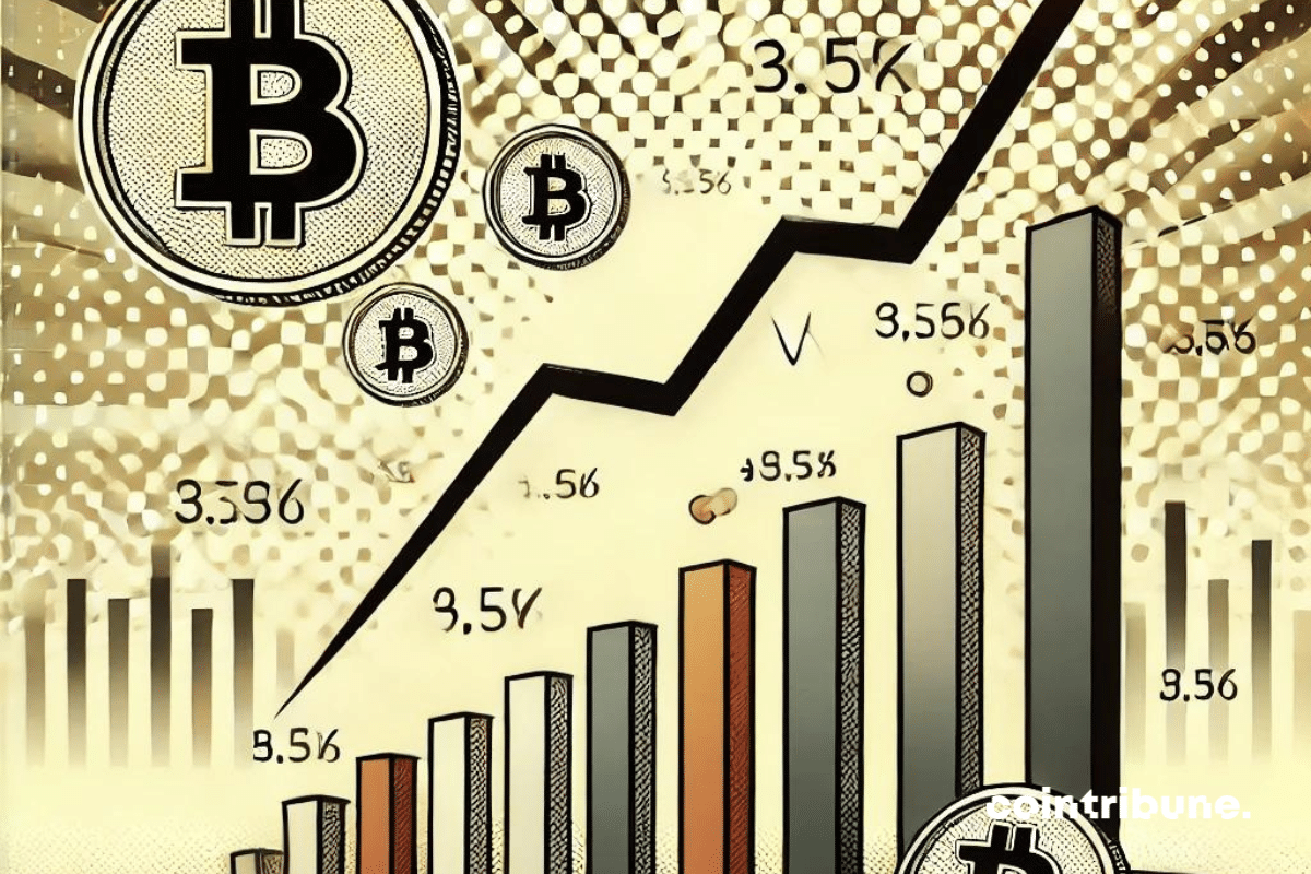 Un graphique subtil mais en pleine ascension, symbolisant la hausse potentielle du Bitcoin. En arrière-plan, une légère ombre de pièces de BTC et des chiffres de valorisation qui semblent se réinitialiser.