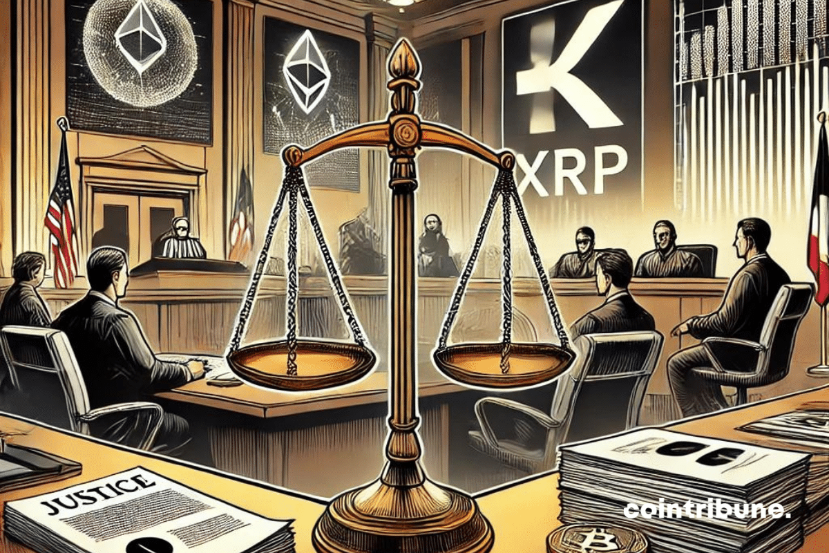 Une salle de tribunal moderne avec une ambiance sérieuse, des documents juridiques et des écrans montrant des graphiques de cryptos en arrière-plan. Une balance de la justice trône au centre, légèrement inclinée, symbolisant l'incertitude juridique. Des logos de cryptos comme le XRP sont visibles, subtils mais reconnaissables, avec des avocats et des juges en arrière-plan. L'atmosphère doit évoquer une tension juridique autour de la régulation des actifs numériques par la SEC.