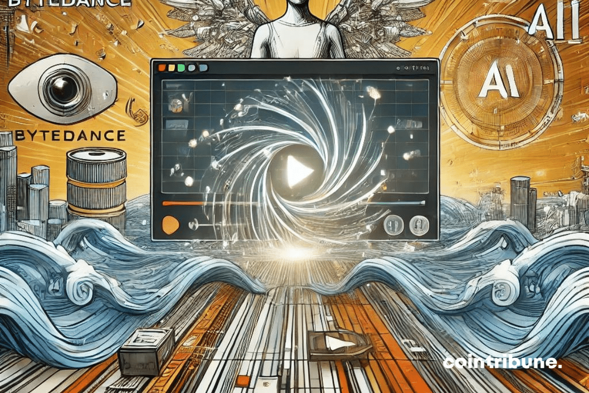 Un paysage numérique futuriste montrant des vagues de codes et d'algorithmes se transformant en images de personnages animés réalistes. Au centre, un écran ou une interface évoquant la création vidéo avec des mouvements fluides et dynamiques, entouré de logos technologiques de ByteDance, OpenAI subtils représentant la course à l'innovation dans l'IA. L'ensemble donne une impression de vitesse et de compétition technologique, avec un sentiment de bouleversement imminent dans l'industrie du contenu numérique.