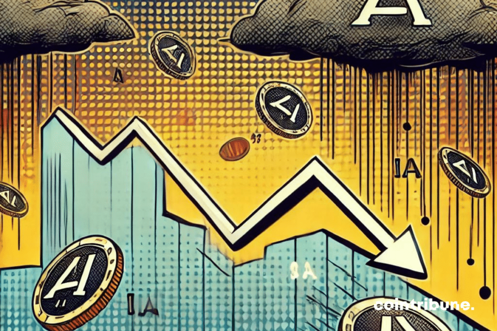 Un graphique en déclin représentant des tokens d'IA plongés dans une chute rapide. En arrière-plan, un ciel sombre symbolisant l'incertitude du marché. Sur le côté, des jetons tombant en cascade, avec des chiffres visibles illustrant les pertes financières importantes. L'atmosphère générale doit refléter une tension subtile et une volatilité imprévisible, sans être trop dramatique.