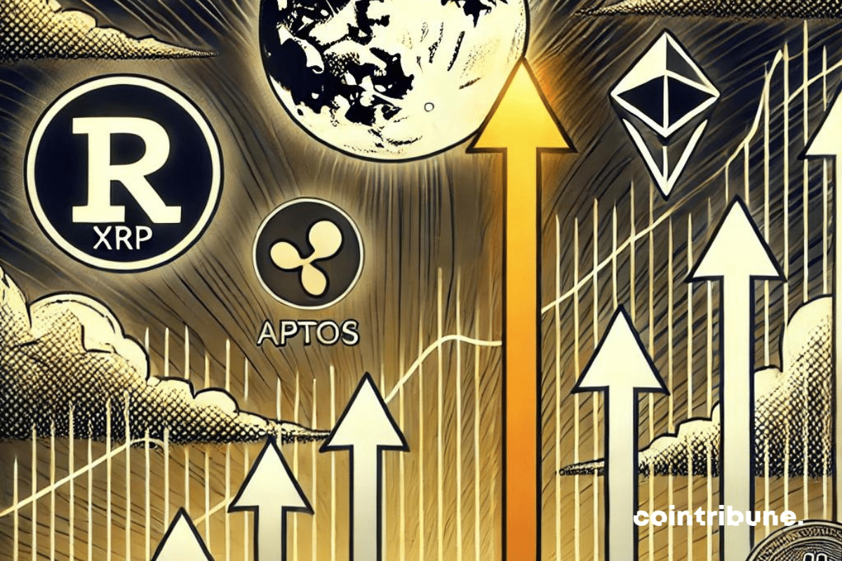 Un graphique subtil montrant une montée en flèche de plusieurs courbes représentant des cryptos, avec les logos des jetons de XRP, Aptos, et Chainlink placés discrètement en arrière-plan. En toile de fond, une atmosphère sombre et incertaine, symbolisant la volatilité du marché, mais avec des lueurs de lumière accentuant les courbes ascendantes, représentant l'espoir d'un rallye à venir.