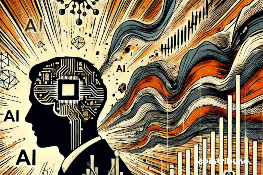 Un graphique abstrait montrant une explosion de courbes représentant des volumes de trading, avec des éléments d'intelligence artificielle (circuit imprimé, réseaux neuronaux) intégrés subtilement dans l'image. Des variations de couleurs pour montrer les hausses et baisses de valeur, avec une légère teinte sombre pour suggérer la volatilité et l'incertitude du marché. L’image doit évoquer à la fois l’innovation et le risque financier, sans être trop explicite, en mettant en lumière la complexité des tokens IA et leur impact sur l’avenir des cryptos.