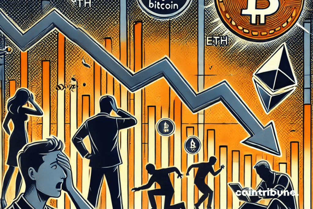 Une chute du Bitcoin sur fond sombre, avec un graphique en déclin représentant une baisse soudaine du marché. En arrière-plan, des symboles d'ETH et de Bitcoin se détachent, entourés d'une atmosphère de tension et d'incertitude, évoquant la panique des investisseurs face à la vente massive d'Ethereum.