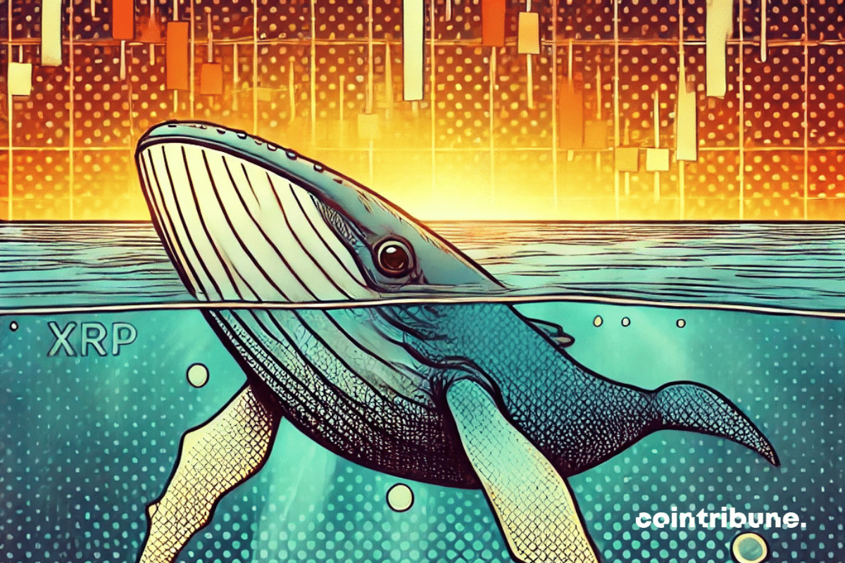 une baleine nageant sous la surface d'une mer calme, symbolisant les investisseurs majeurs dans le monde des cryptos. En arrière-plan, des graphiques financiers à peine visibles à travers l'eau, représentant les résistances techniques du XRP. L'ambiance de l'image est légèrement sombre, évoquant à la fois l'optimisme des baleines et l'incertitude de l'avenir du marché.