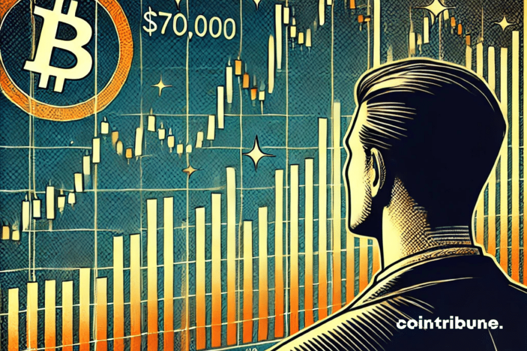 Un graphique représentant une montée progressive du Bitcoin, avec la courbe des prix qui approche un seuil symbolique de 70 000 $, créant une tension palpable. En arrière-plan, une silhouette de trader observant l'écran avec attention, symbolisant l'incertitude et l'anticipation des investisseurs. L'atmosphère de l'image est à la fois optimiste et prudente, avec des tons légèrement sombres contrastant avec des éclairs de lumière sur le graphique.