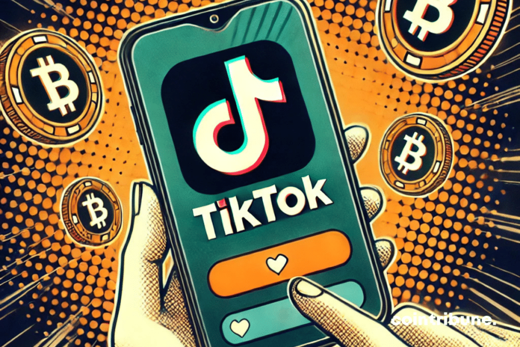 Un écran de smartphone montrant l'application TikTok ouverte, avec une ambiance sombre et des ombres subtiles qui symbolisent le doute et l'incertitude. En arrière-plan, des pièces numériques (crypto) flottent discrètement autour du logo TikTok, évoquant une tension entre le monde virtuel des réseaux sociaux et la réglementation financière. L'image suggère un possible conflit juridique sans être trop explicite, tout en gardant une atmosphère mystérieuse et sérieuse.