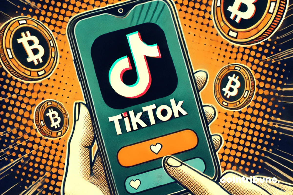 Un écran de smartphone montrant l'application TikTok ouverte, avec une ambiance sombre et des ombres subtiles qui symbolisent le doute et l'incertitude. En arrière-plan, des pièces numériques (cryptos) flottent discrètement autour du logo TikTok, évoquant une tension entre le monde virtuel des réseaux sociaux et la réglementation financière. L'image suggère un possible conflit juridique sans être trop explicite, tout en gardant une atmosphère mystérieuse et sérieuse.