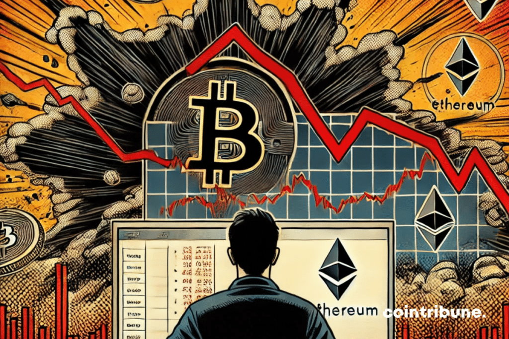 Un graphique sombre et inquiétant montre une chute abrupte des cryptos, avec des symboles de Bitcoin et Ethereum en déclin rapide. En arrière-plan, des lignes de marché rouge vif s'effondrent, représentant une volatilité extrême. Un trader, de dos, regarde un écran avec une posture tendue, capturant l'incertitude et les risques d'une liquidation massive. L'ambiance générale de l'image doit évoquer la précipitation et la gravité de la situation, sans dramatisation excessive.