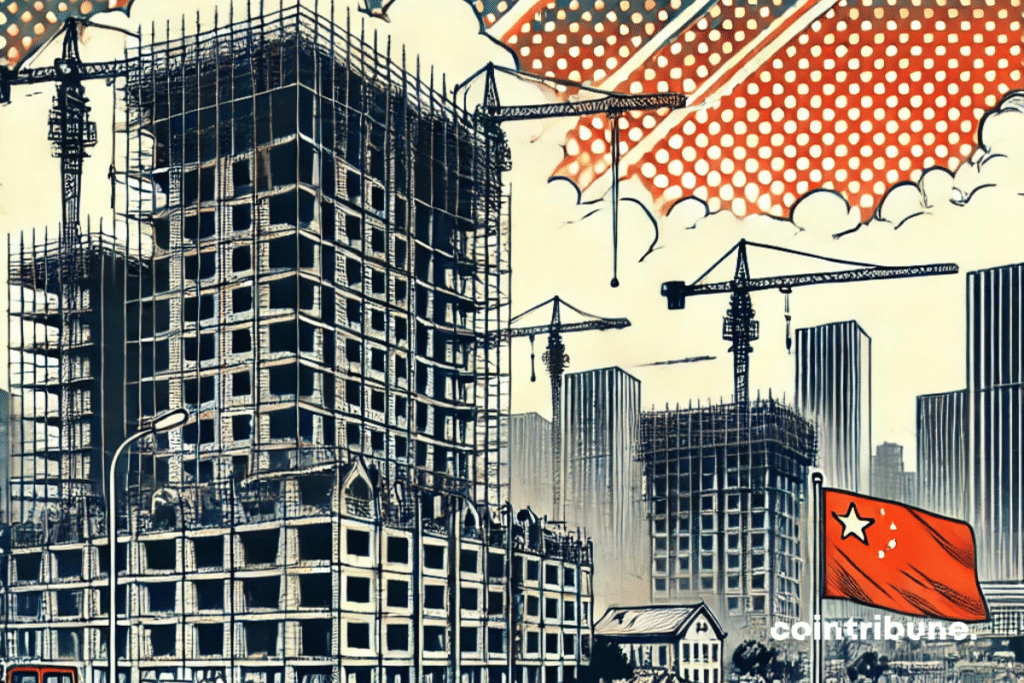 Un paysage urbain en Chine ou dans le monde avec des chantiers de construction à moitié terminés, symbolisant la crise immobilière. En arrière-plan, des bâtiments modernes côtoient des structures vétustes, reflétant la volonté de rénovation du gouvernement. Le ciel est légèrement nuageux, ajoutant une touche de tension et d'incertitude, tandis que des grues de construction sont visibles mais semblent inactives.