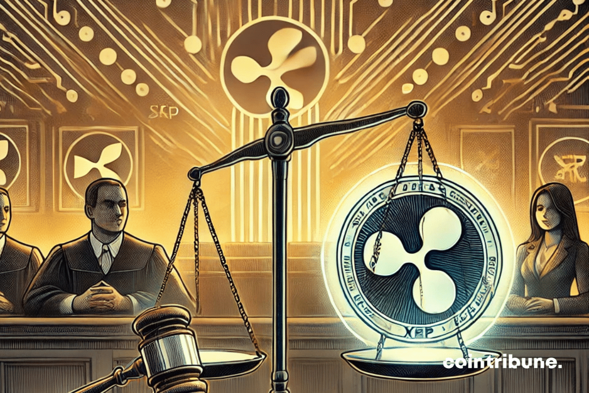 La tension et l'incertitude autour de la bataille juridique entre Ripple et la SEC. La scène montre une salle de tribunal avec des balances de justice légèrement inclinées pour symboliser la précarité de la situation. D'un côté des balances, un marteau de juge portant le logo de la SEC, représentant la pression juridique, et de l'autre côté, une pièce lumineuse de XRP, symbolisant l'enjeu de la crypto dans cette affaire. En arrière-plan, des éléments subtils d'un monde digital, comme des motifs de circuits et des symboles de blockchain, se mêlent à l'imagerie juridique traditionnelle, suggérant le choc entre les anciennes régulations et les nouvelles technologies. La palette de couleurs doit être sombre et atténuée pour refléter le sérieux de la situation, avec une lueur subtile autour de la pièce de XRP, symbolisant l'espoir ou la victoire potentielle.